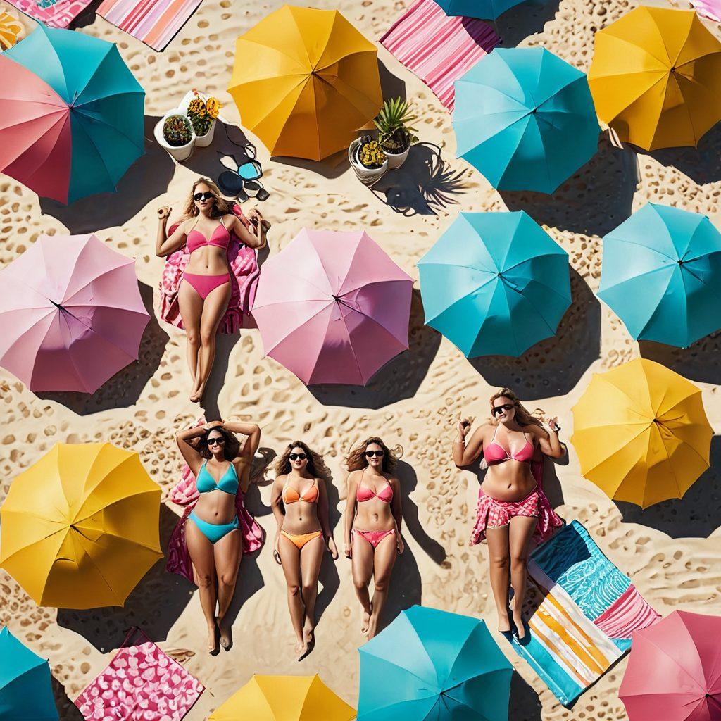 A vibrant beach scene showcasing diverse individuals of varying body types confidently flaunting stylish beachwear. Colorful umbrellas dot the sandy shore, while waves crashing in the background add a refreshing touch. Include playful beach accessories like sunglasses and towels, capturing a sunny day full of laughter and enjoyment. Emphasize a sense of style and body positivity. tropical colors. bright and cheerful atmosphere. photorealistic.
