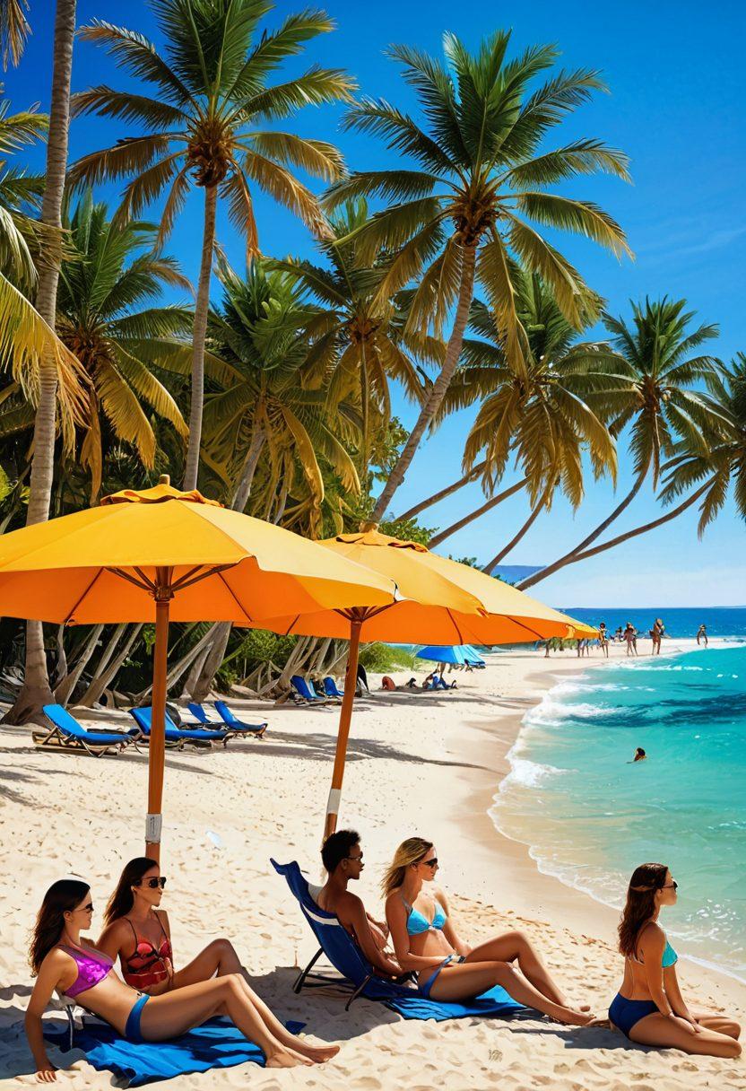 A stunning beach scene showcasing a diverse group of stylish people in trendy swimsuits that blend sexiness with comfort. The sun shines brightly, with clear blue skies and gentle waves in the background. Each person displays confidence, engaging in fun activities like beach volleyball and sunbathing, surrounded by colorful beach umbrellas and tropical palm trees. Capture the essence of summer with a vibrant and lively atmosphere. vibrant colors. super-realistic. sunny beach backdrop.